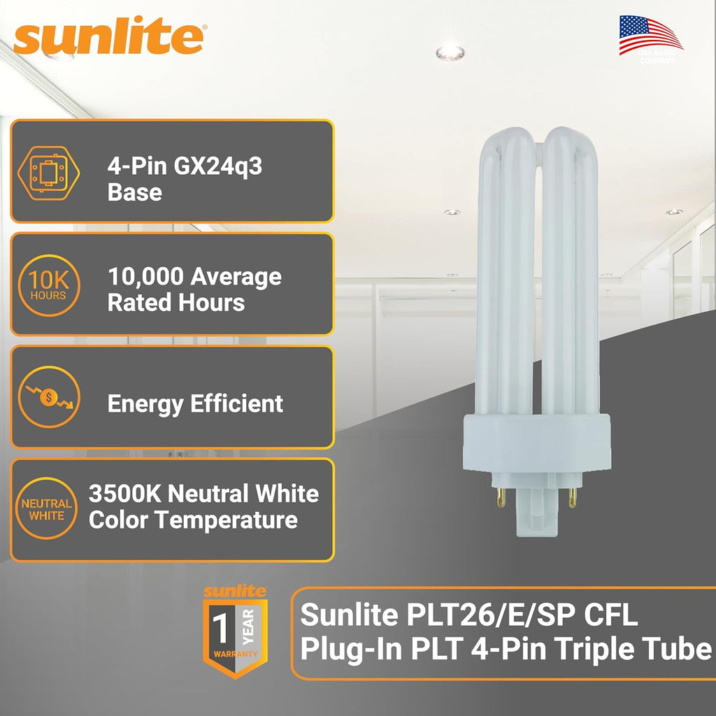Compact Fluorescent Plug-in PLT 4-Pin Triple Tube, 26 Watts, 4-Pin GX24q3 Base, 1800 Lumens, 3500K Neutral