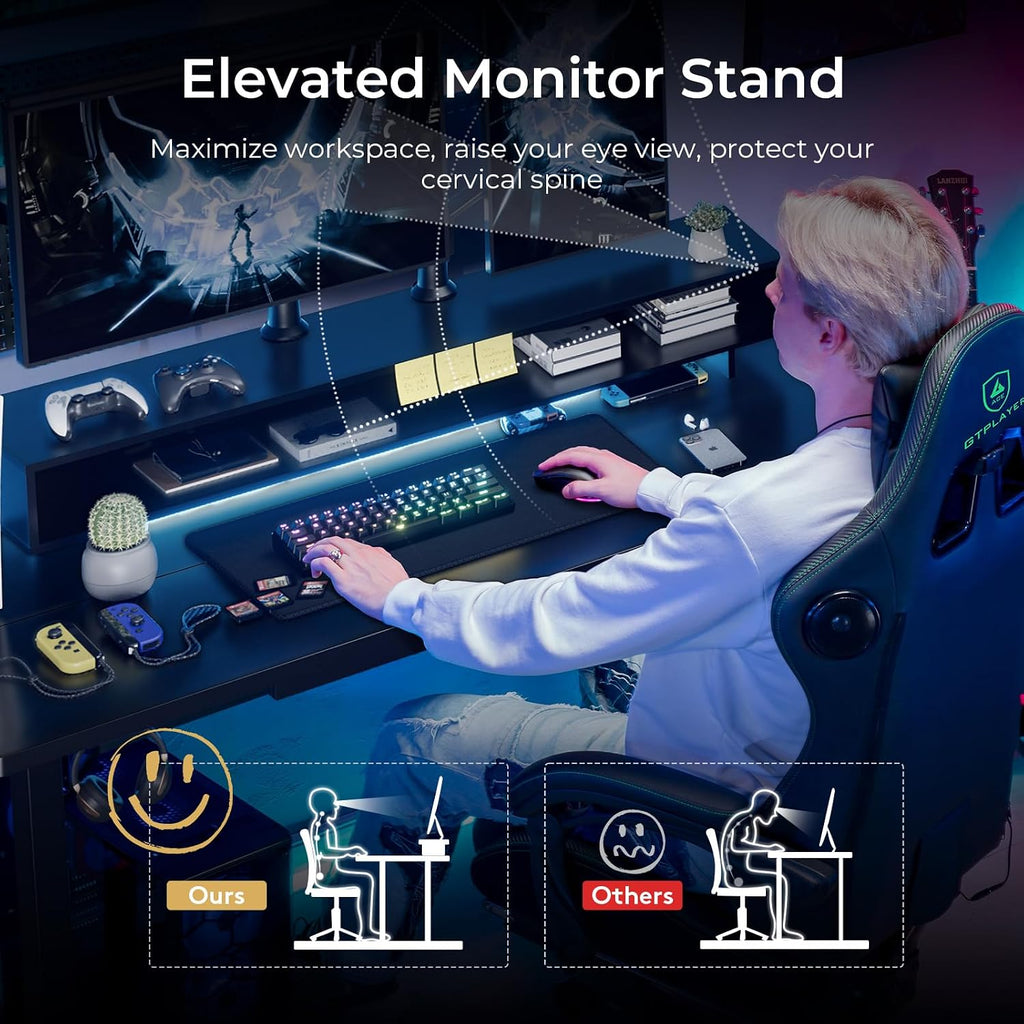 Electric Standing Desk with Drawers, 48 x 24 Inch Height Adjustable Gaming Desk with Monitor Stand, Power Outlets &