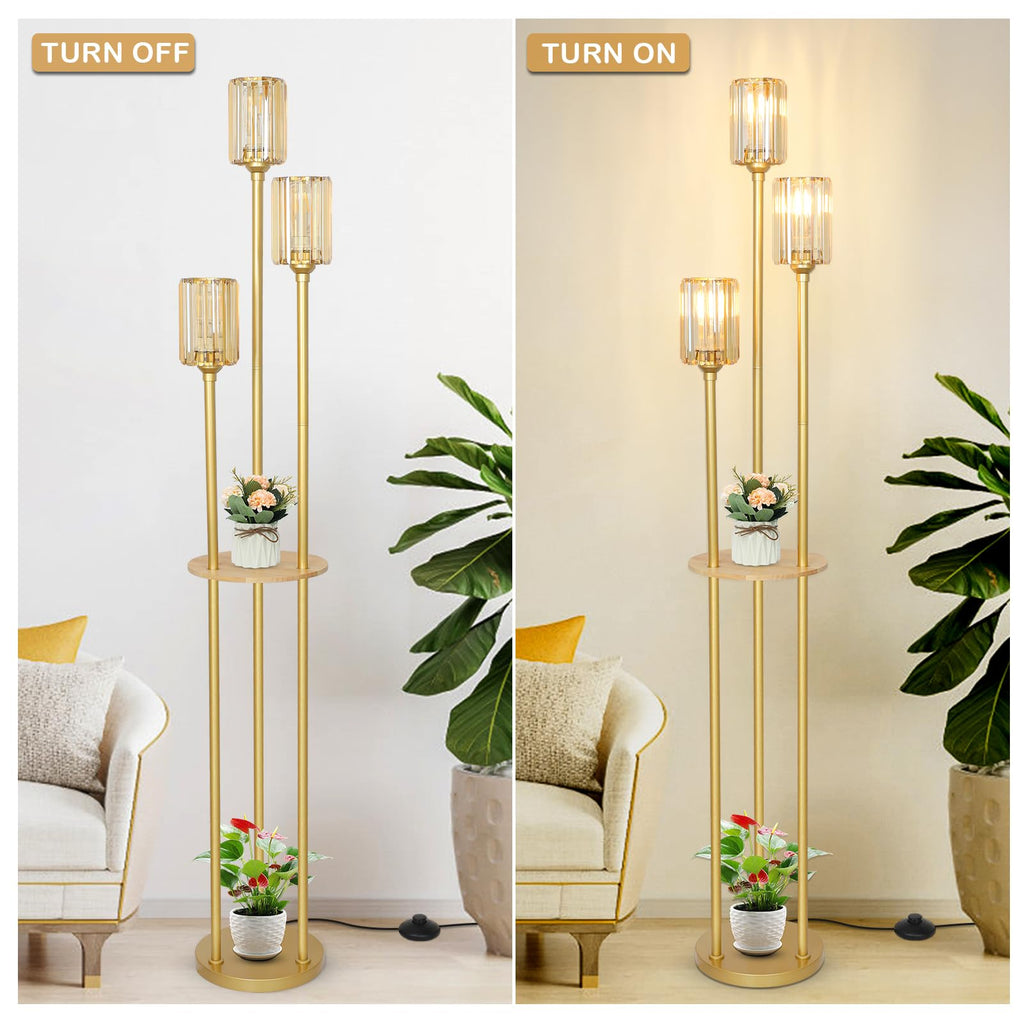 Gold Standing Lamp with Shelf, Vintage Floor Lamp, Retro Floor Lamp with Table, Mid Century Tall Lamp with Amber