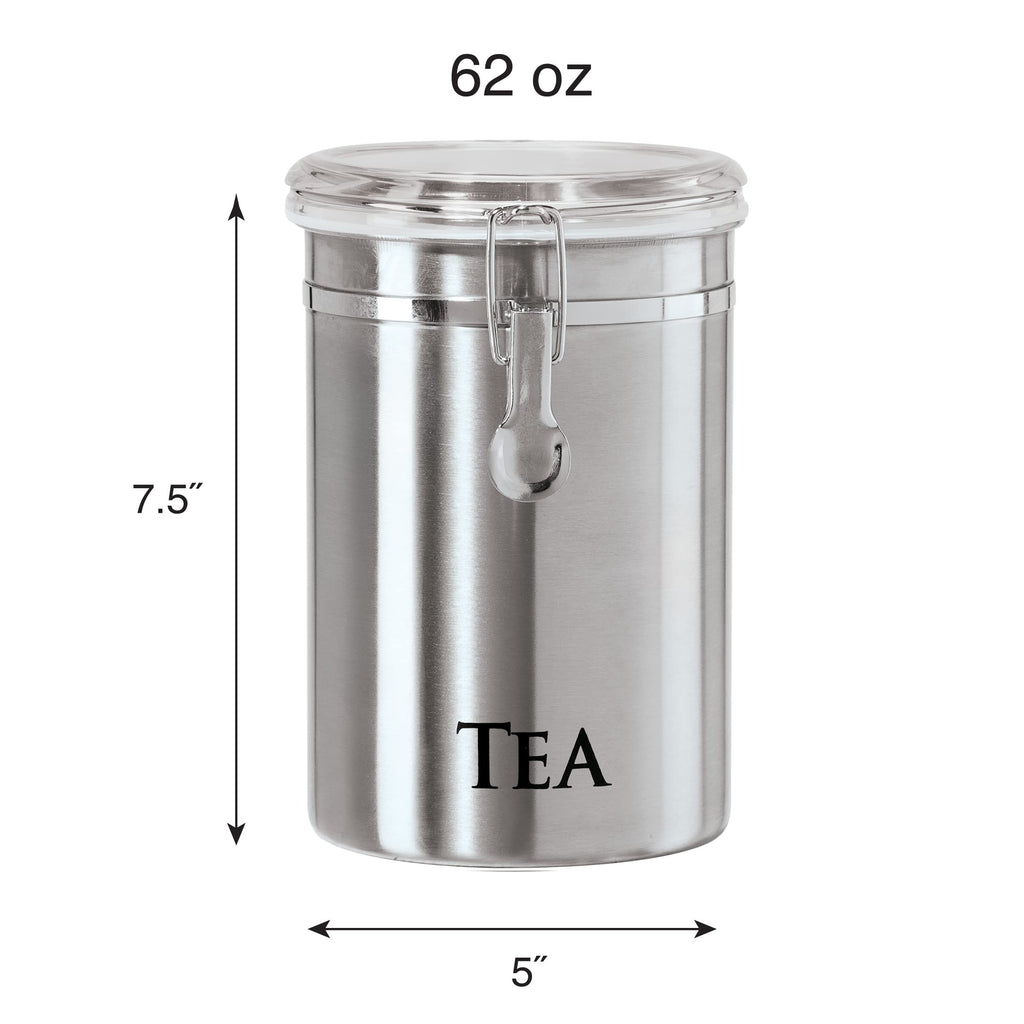Stainless Steel Tea Canister 62 fl oz - Airtight Clamp Lid, Clear See-Thru Top - Ideal for Tea Bag, Loose Tea