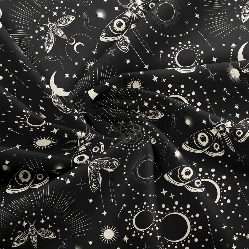 Gothic Style Fabric by The Yard Soft Polyester, Moth Sun and Moon Pattern Waterproof Fabric for Adults, Bohemia Galaxy
