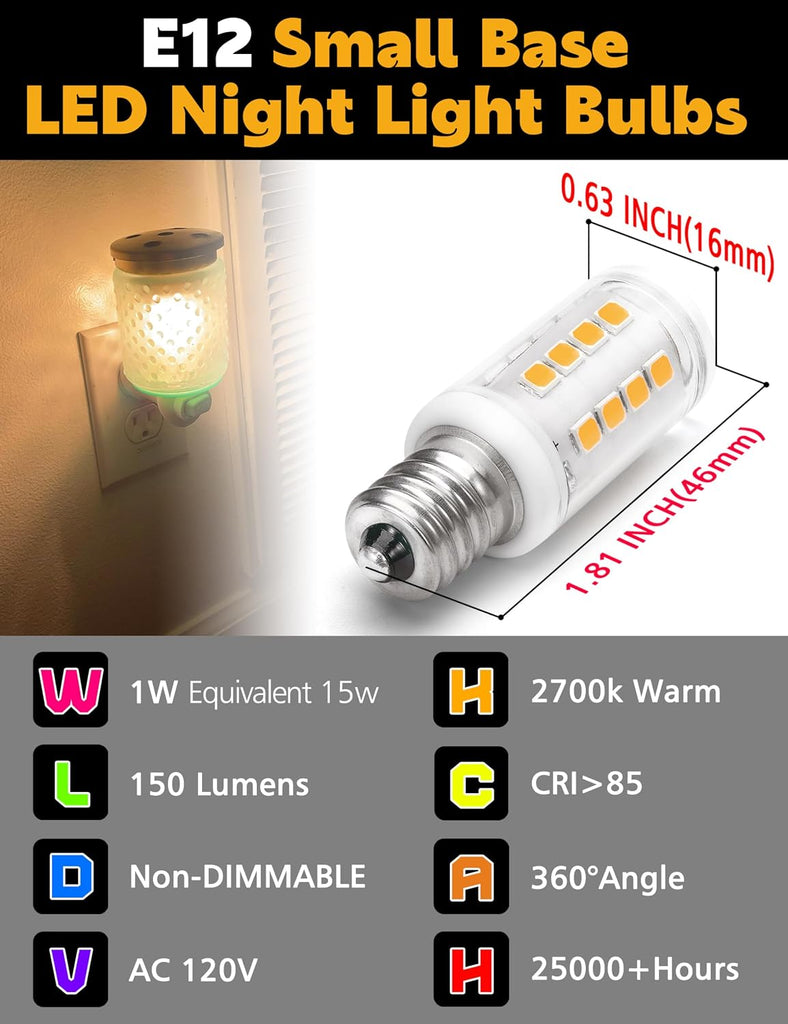 E12 C7 LED Night Light Bulbs 1W, 2700K Warm, 7W&15W Incandescent Equivalent