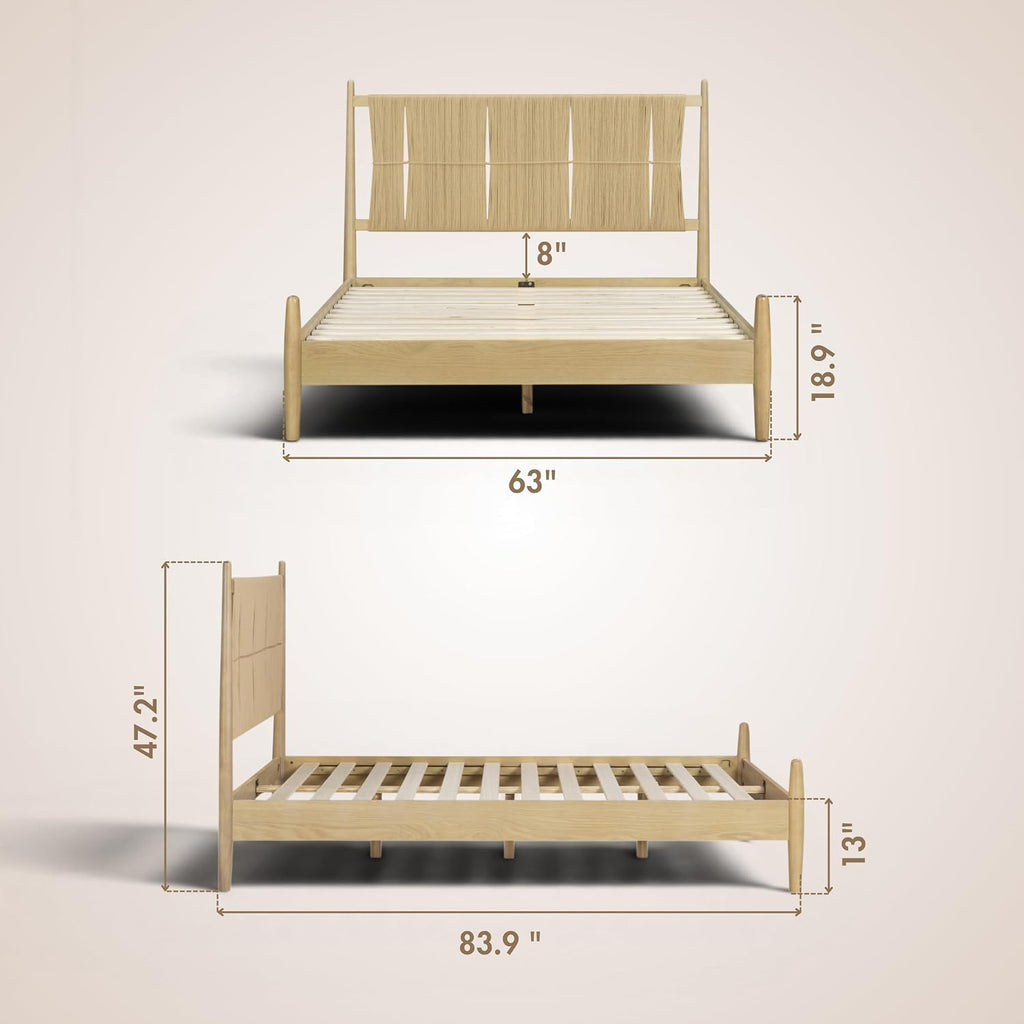 Marenzo Queen Platform Bed with Handwoven Headboard - American Oak Veneer, Solid Oak Legs, Artisan Craftsmanship