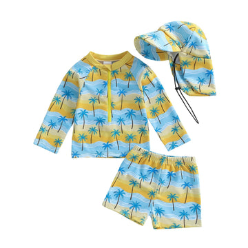 Toddler Baby Boys Swim Set Long Sleeve Rashguard Swimsuit Shirt Trunks Infant Bathing Suit Swimwear with Hat
