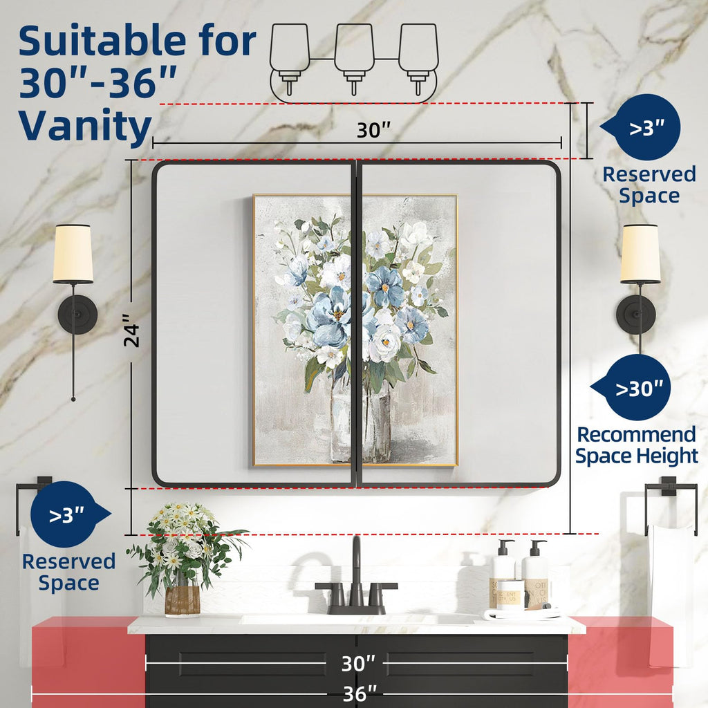 Bathroom Medicine Cabinet with Mirror 24 x 30 Inch, Black Medicine Cabinet Recessed or Surface Wall-Mounted, Mirrored