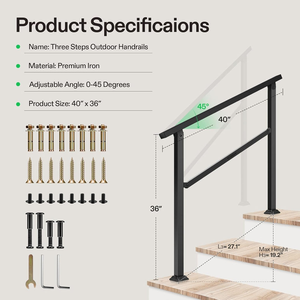 3-Step Stair Handrail 40"x36" Wrought Iron Porch Railing Black