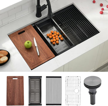 32x19 Black Undermount Kitchen Sink, 32 Inch 16Gauge Black Stainless Steel Undermount Kitchen Sink, Single Bowl