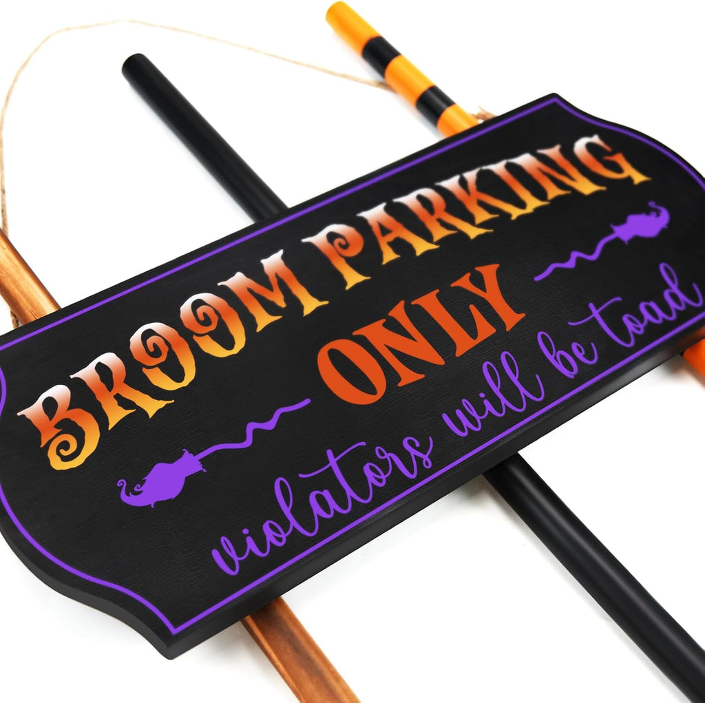 Halloween Decorations - Broom Parking Sign with 3 Wooden Witches Brooms - Set of 4