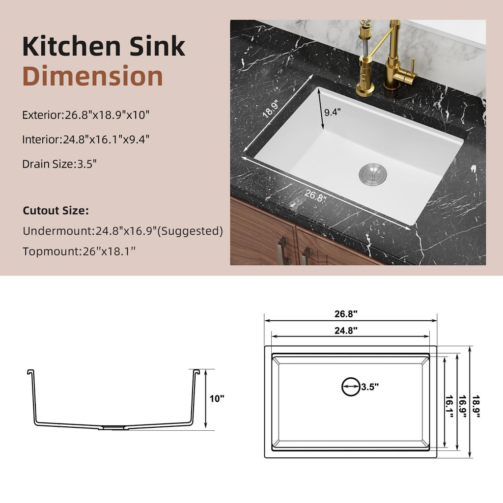 27 Inch White Undermount Granite Kitchen Sink Workstation