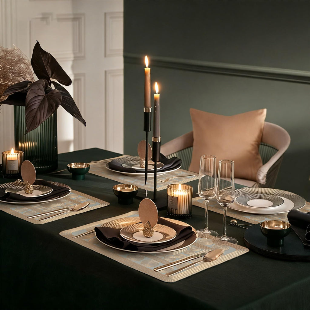 Metallic Gold Placemats Set of 6,Woven Rope Pattern Waterproof PVC Table Mats,Rectangular Washable Non-Slip