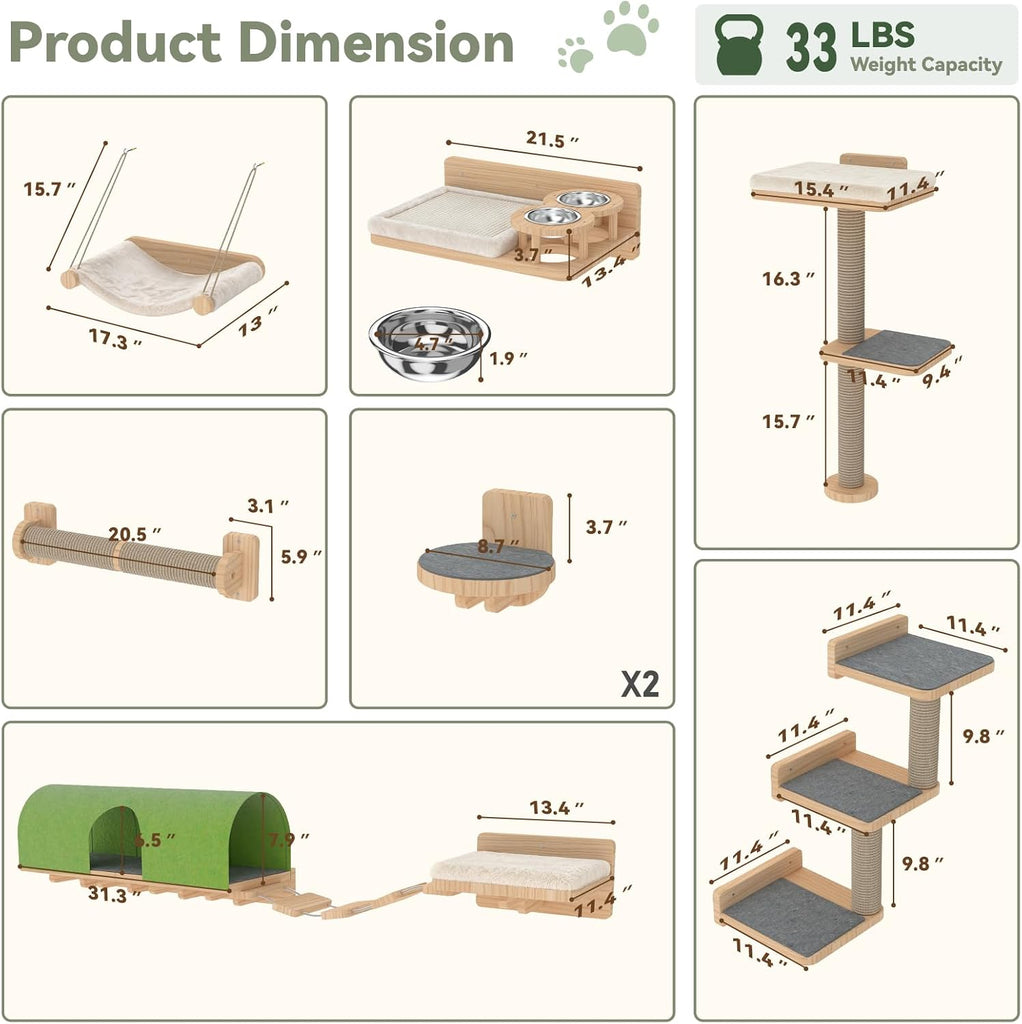 10PCS Cat Wall Shelves, Pine Cat Climbing Wall Furniture with Tunnel