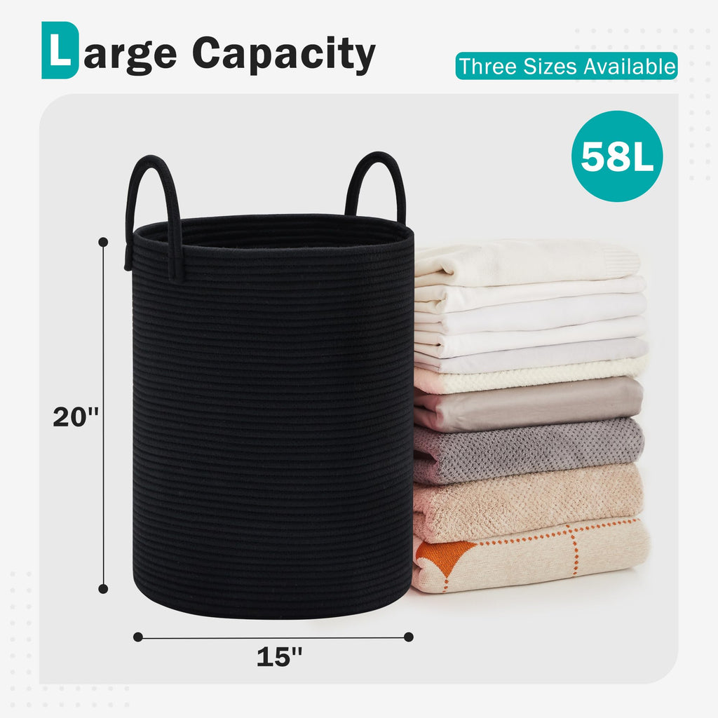 Cotton Laundry Hamper, 58L Tall Storage Basket-Black