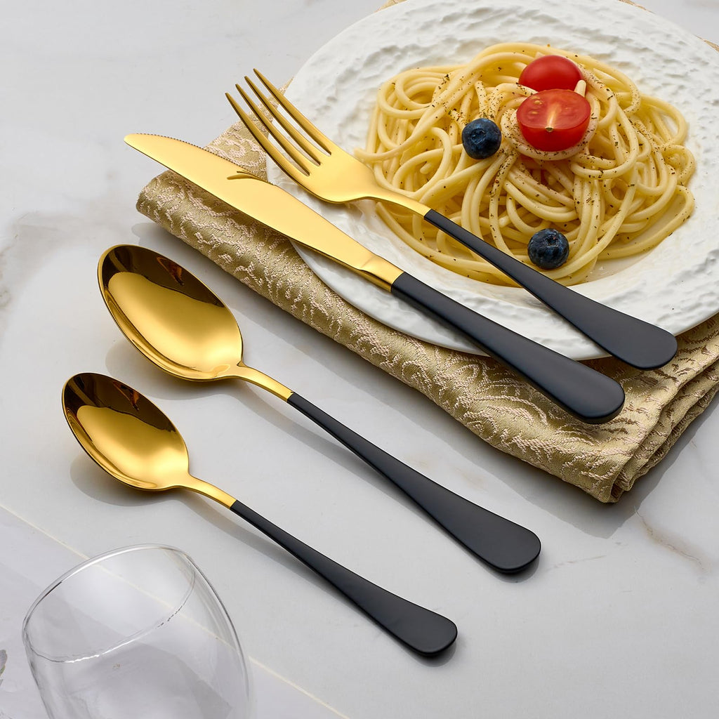 20-Piece Gold Silverware Set 18/0 Stainless Steel Flatware Black Handle Cutlery Set Service for 4 Dinner Knives Forks