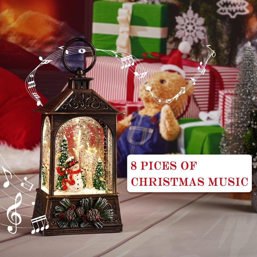 Christmas Lantern,Christmass Snow Globe Lantern Lights with 8 Christmas Songs,Battery & USB Powered,Christmass Snow