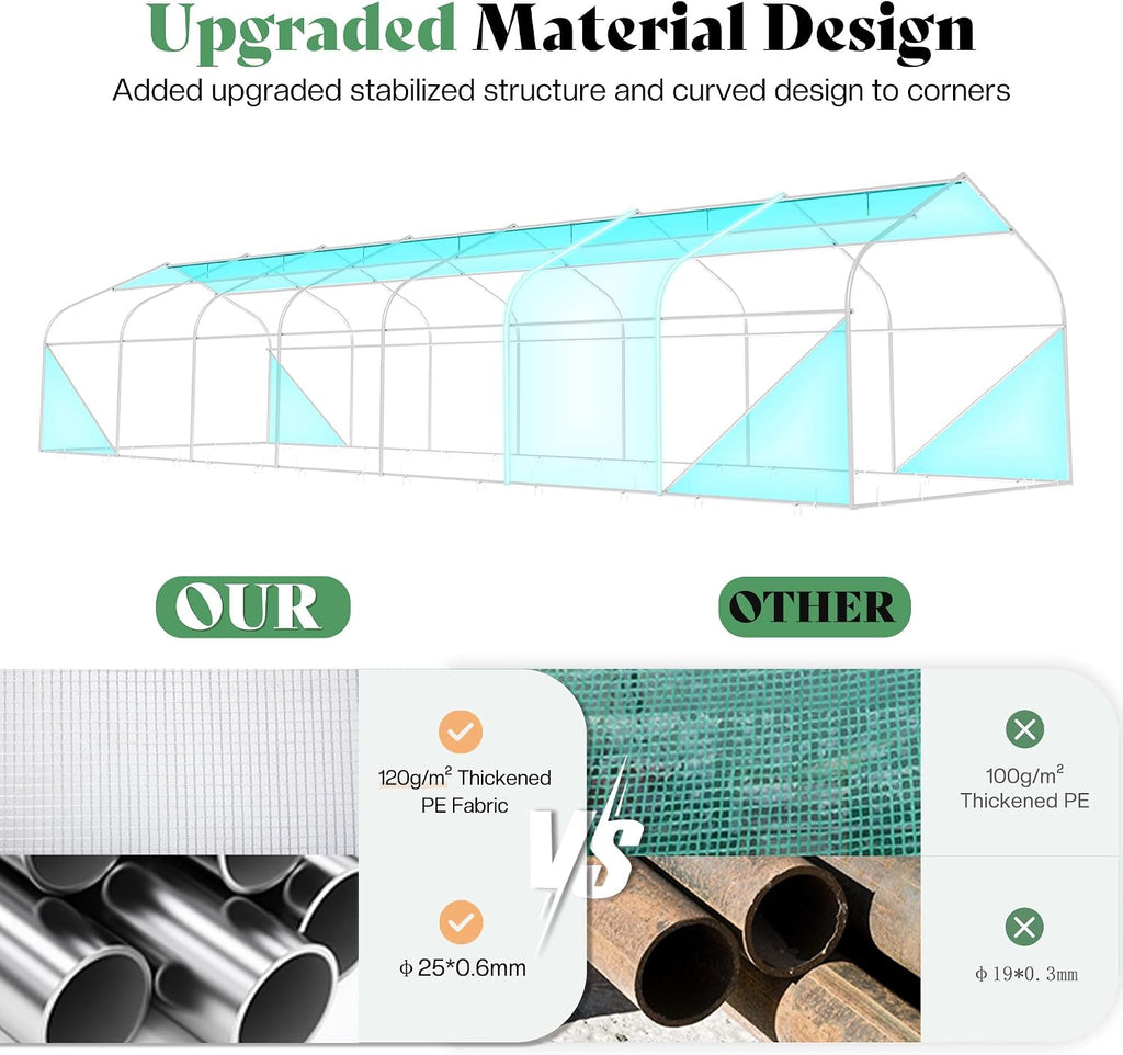 34x10x7 FT Walk-in Tunnel Greenhouse with Watering System | 2 zipper rolling doors, 14 windows and galvanized frame