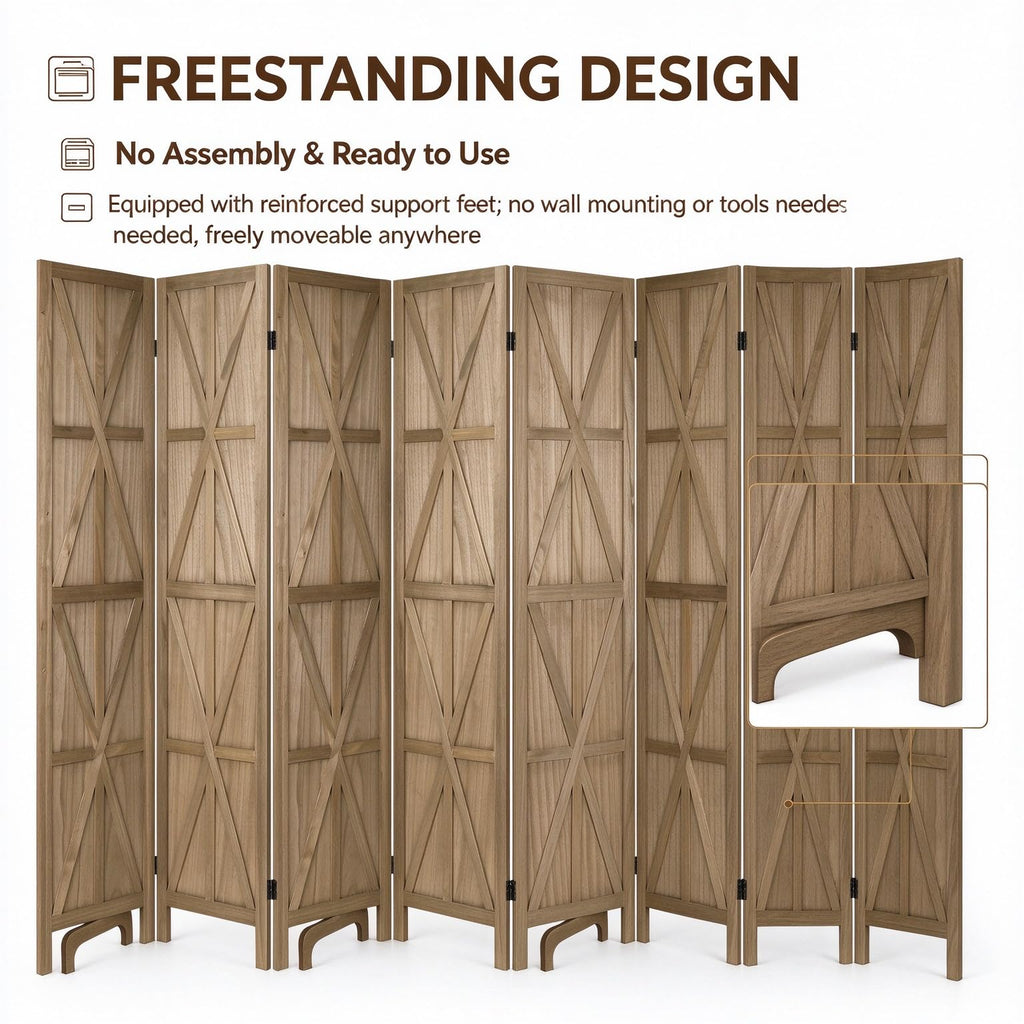 8 Panel Wooden Room Divider, 67" Tall Folding Privacy Screen, Natural