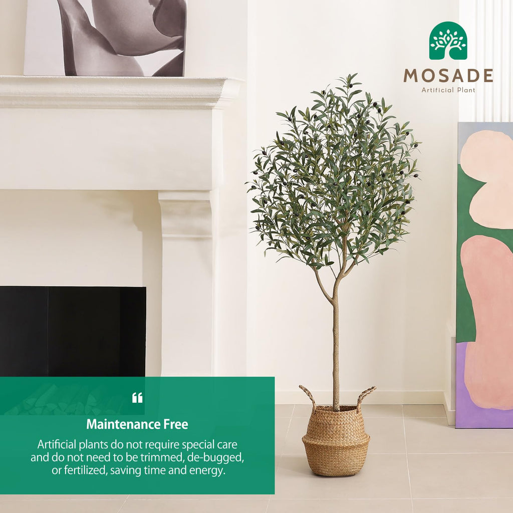 Artificial Olive Tree 6FT - Tall Faux Tree with Realistic Silk Leaves, Handmade Seagrass Basket, Low-Maintenance