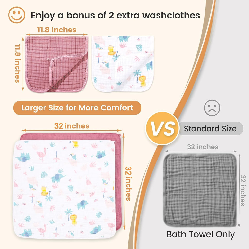 Muslin Bath Towel for Toddler 4 Pcs, 32x32 Inch 100% Muslin Cotton Baby Hooded Bath Towel and Washcloths for Babies