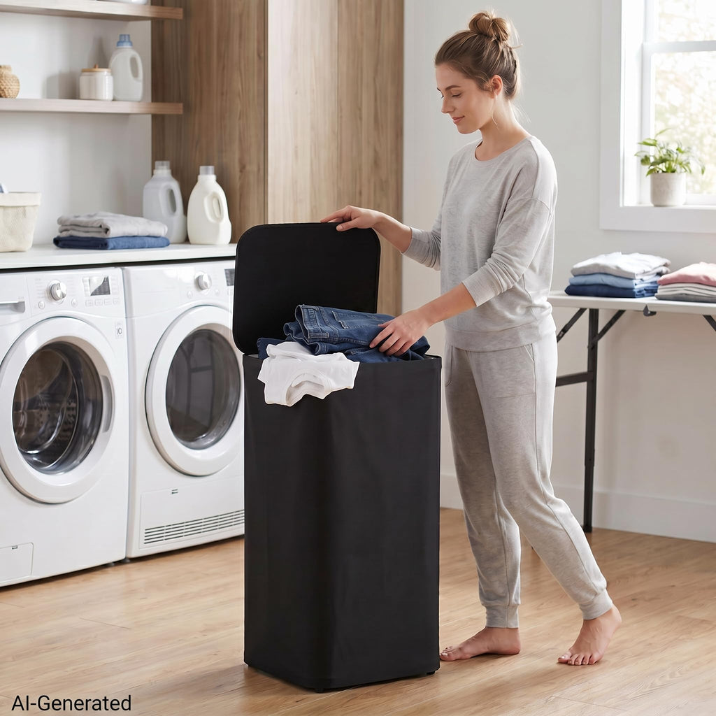 100L Laundry basket Hamper with Lid & Removable Mesh Bag, Black