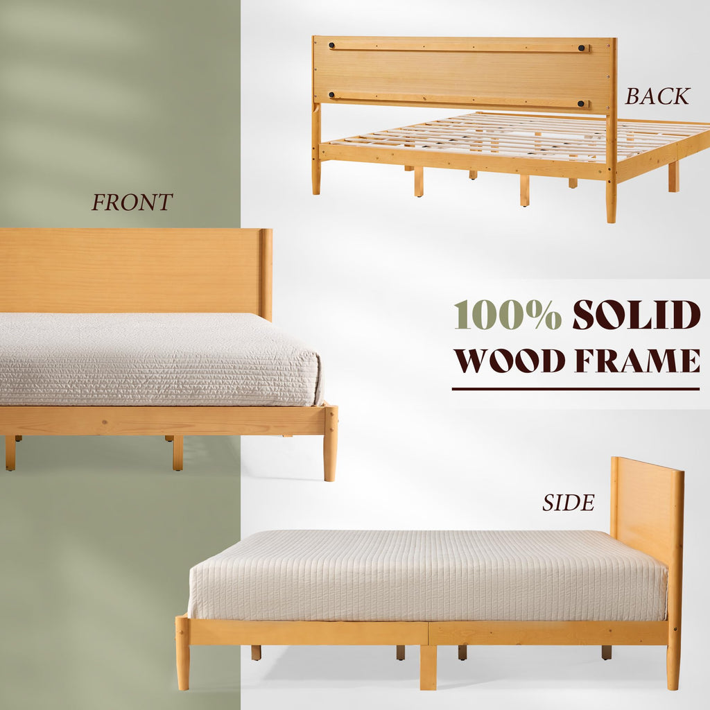 Solid Wood Queen Bed Frame, Mid Century Bed with Headboard, Yellow