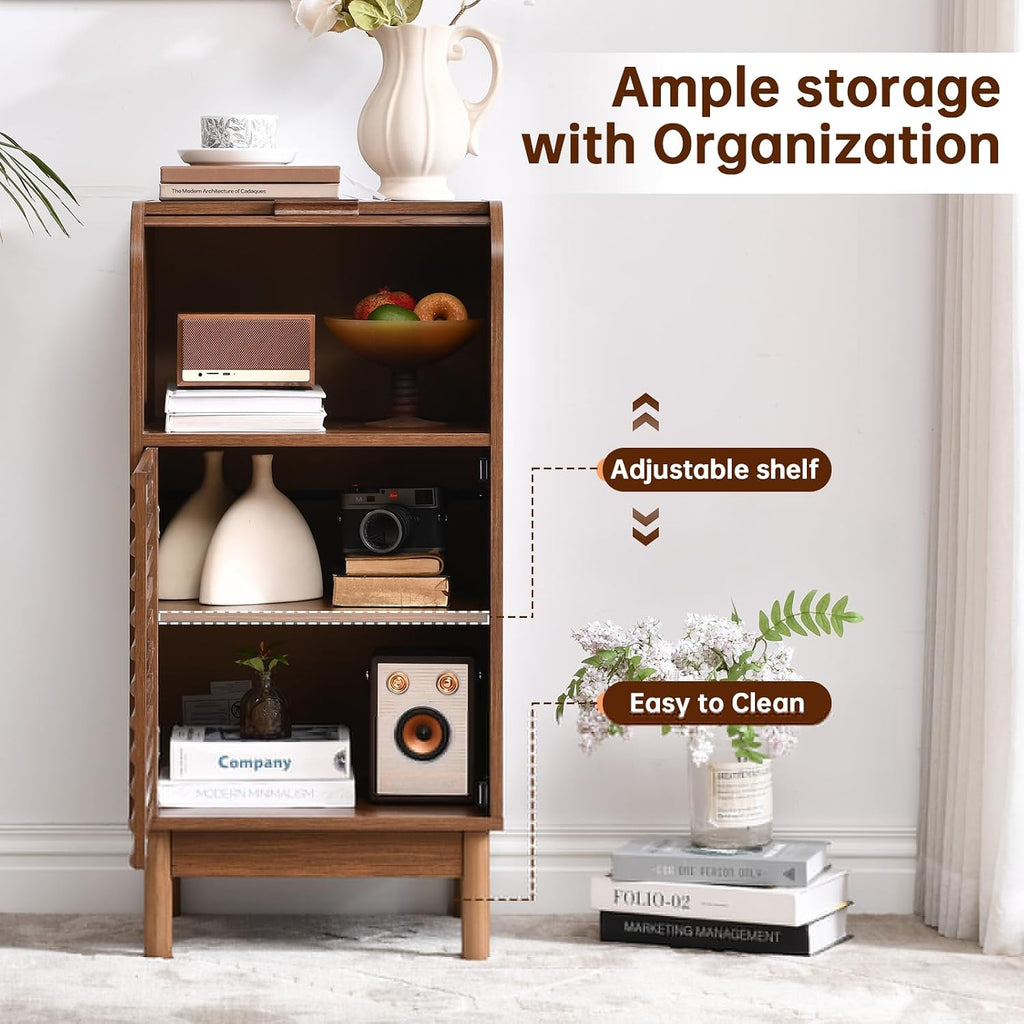 Modern Single-Door Accent Cabinet with Curved Roll-Top and Slatted Door Design, Tall Narrow Storage Cabinet , or Home
