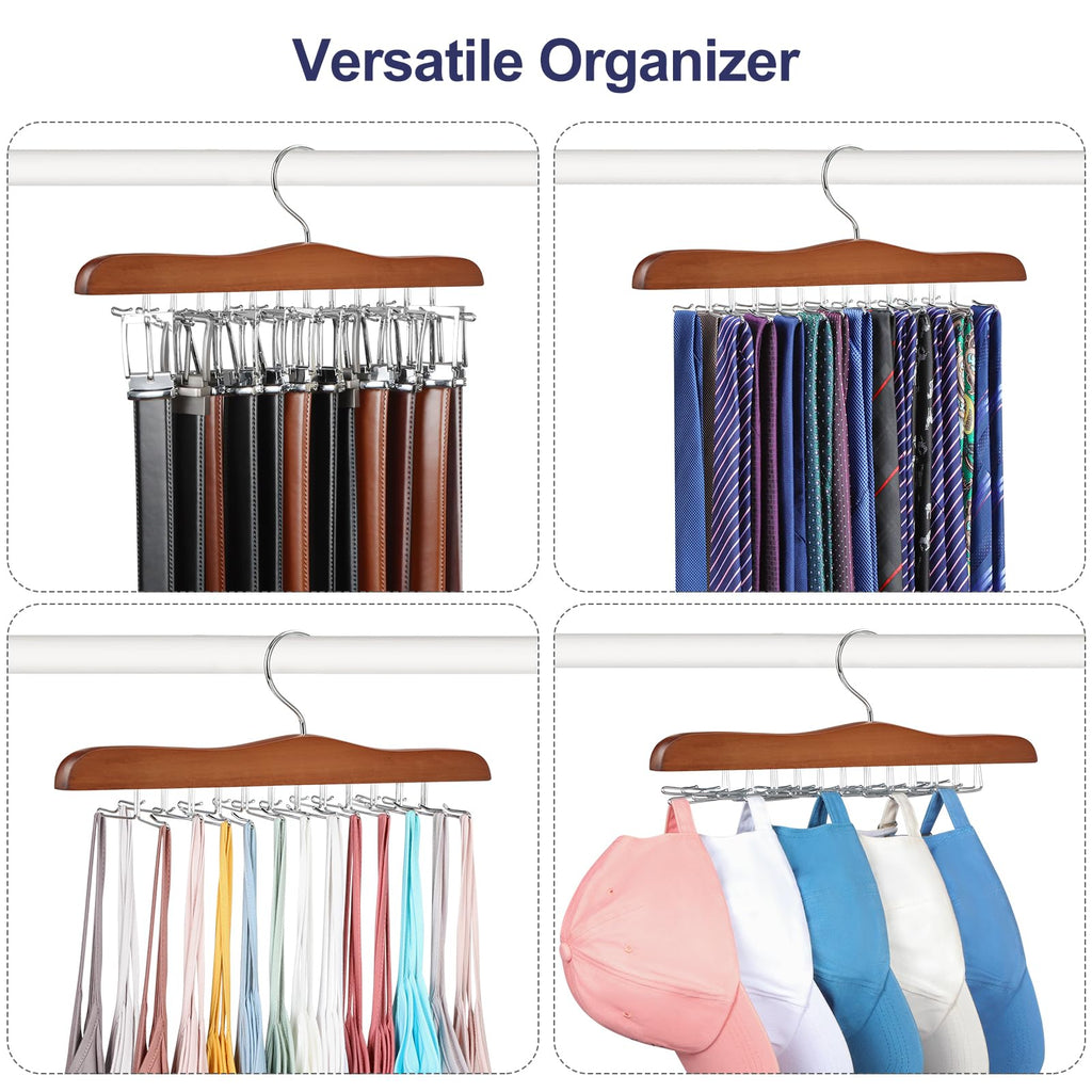 Tie Rack Hanger for Closet 2 Packs, Wooden Tie Organizer for Men with 24 Folding Hooks, Space Saving Necktie Holder