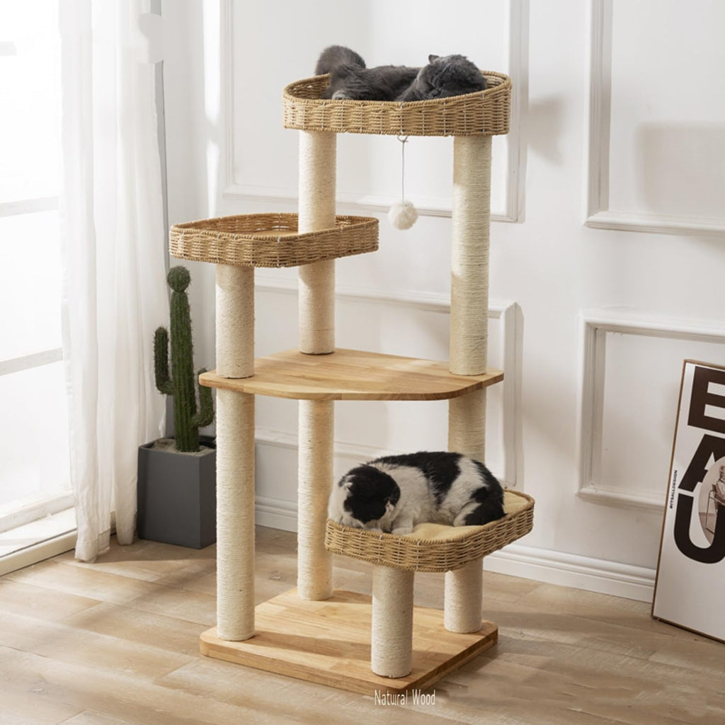 Modern Natural Wood Wooden Cat Tree Tower, 3 Large Rattan Wicker Basket Perch Beds with Cozy Cushion Sisal Scratching