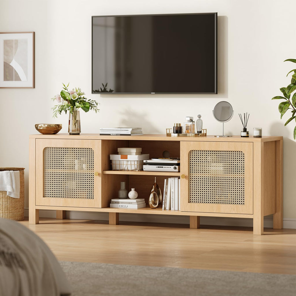 Rattan TV Stand with Adjustable Shelf and Open Shelves, Natural Oak