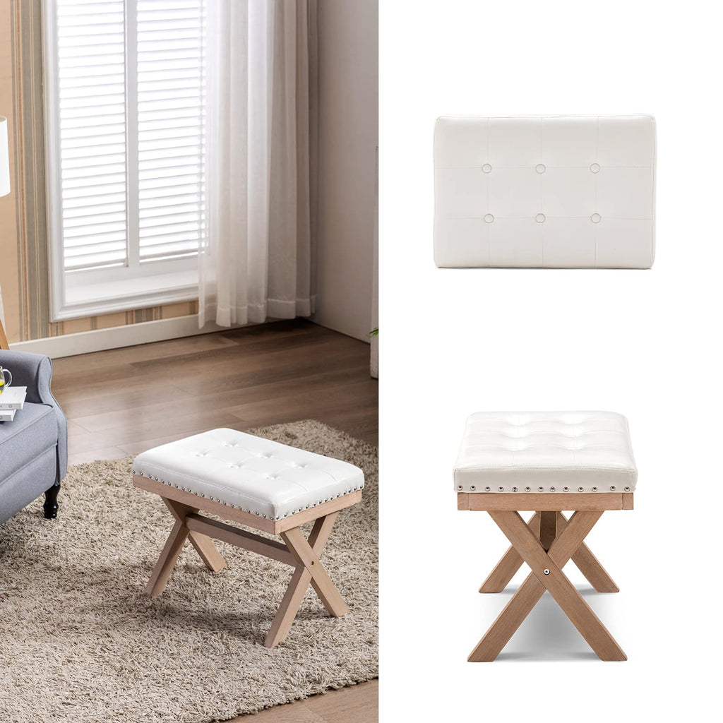 Bench Ottoman Faux Leather Upholstered Entryway Bedroom Bench Footstool Seat with X-Shaped Wooden Legs Bedroom Living