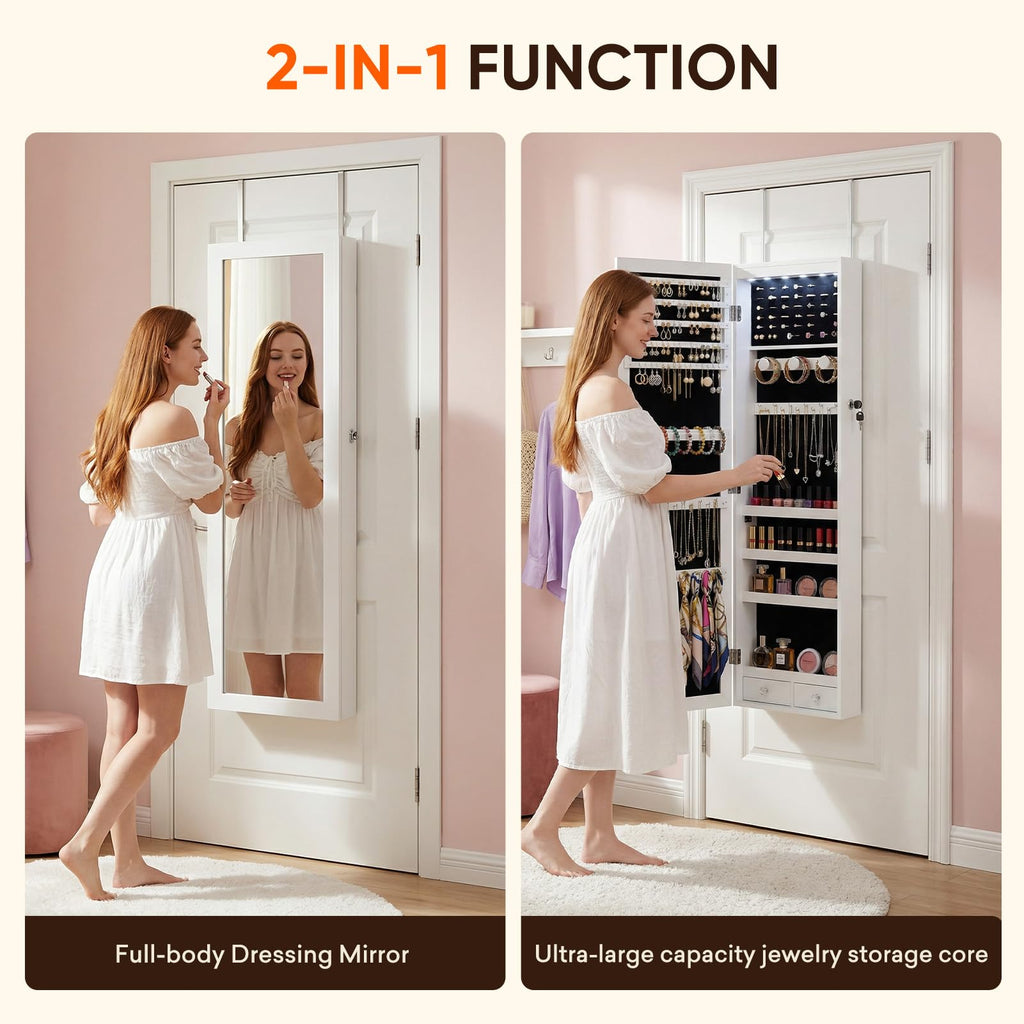 6 LEDs Jewelry Cabinet with Lock, 48" Full Length Mirror Wall Mounted or Over The Door Jewelry Organizer, Large
