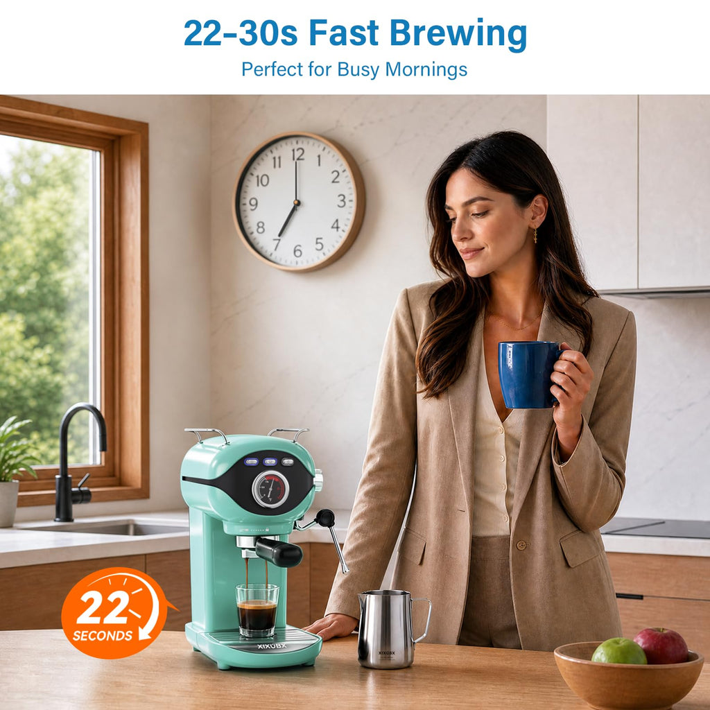 Espresso Machine, Compact Espresso Maker with Milk Frother, Blue