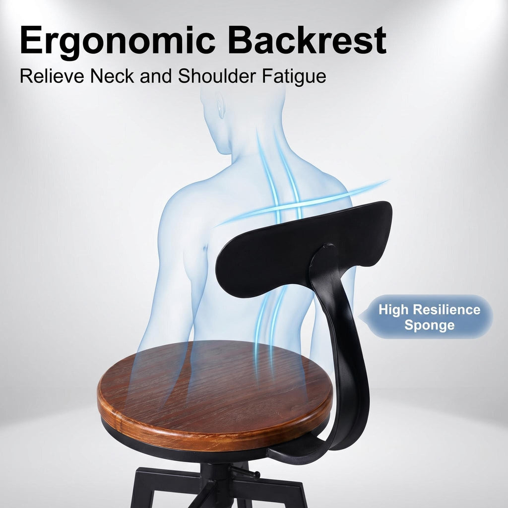 Industrial Bar Stools, Kitchen Dining Chair, Wood Top Stool, Adjustable Height Swivel Counter Height Bar Chair with