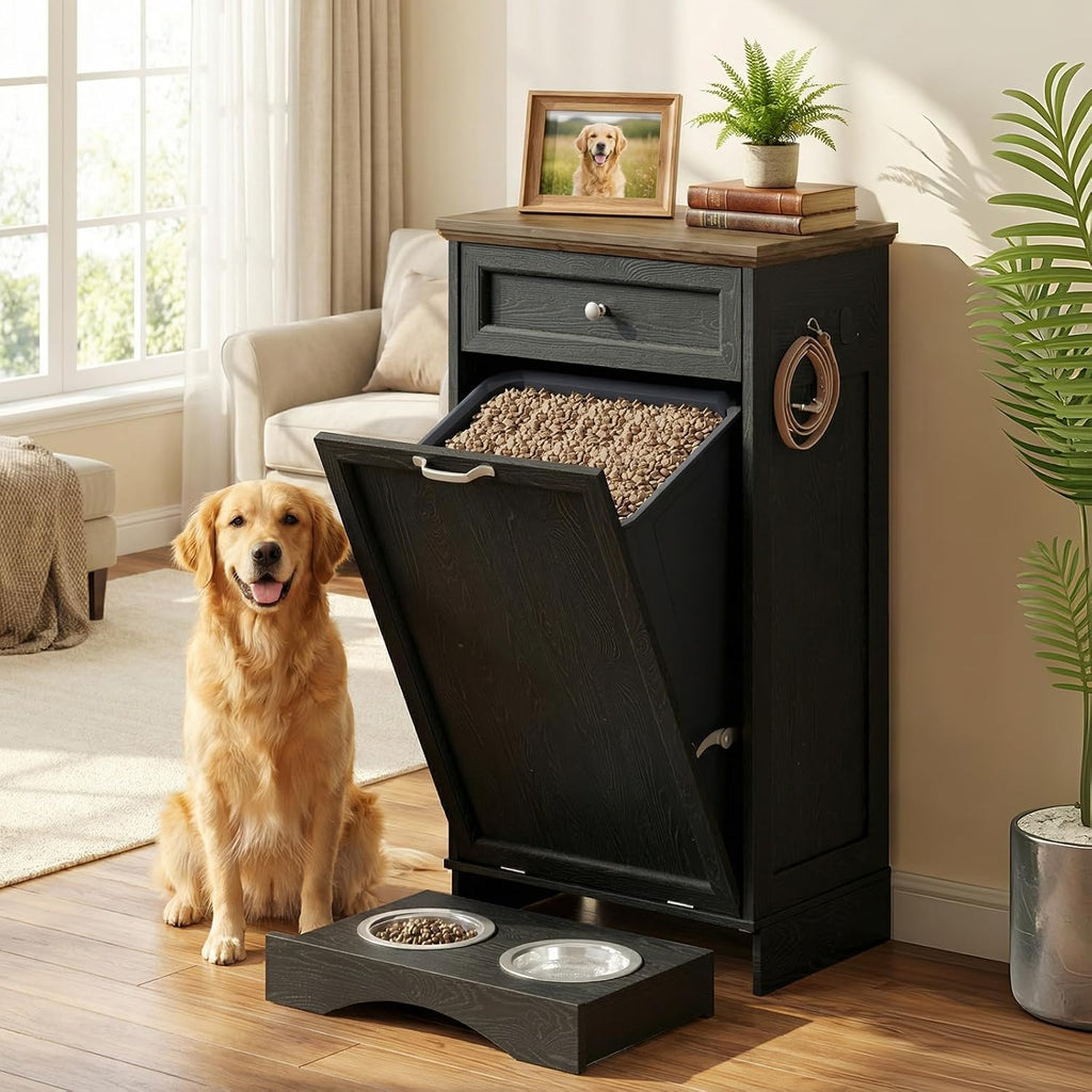 21''W Dog Feeding Station with Storage, Tilt Out Dog Food Cabinet with Drawer, 2 Feeding Bowls, Pet Food Storage, Cat