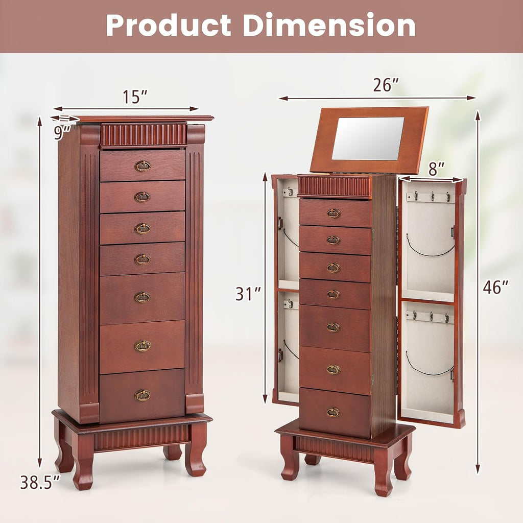 Jewelry Armoire, Wooden Jewelry Chest Storage Cabinet w/7 Drawers & 2 Swing Doors, 12 Necklace Hooks, Makeup Mirror &