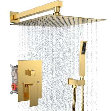 Brushed Gold Rain Shower System Faucet Set with Handheld, 10 inch