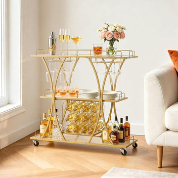 Bar Cart, 3 Tiers Home Kitchen Serving Carts, Modern Rolling Utility Station on Wheels, Drink Beverage Trolley with