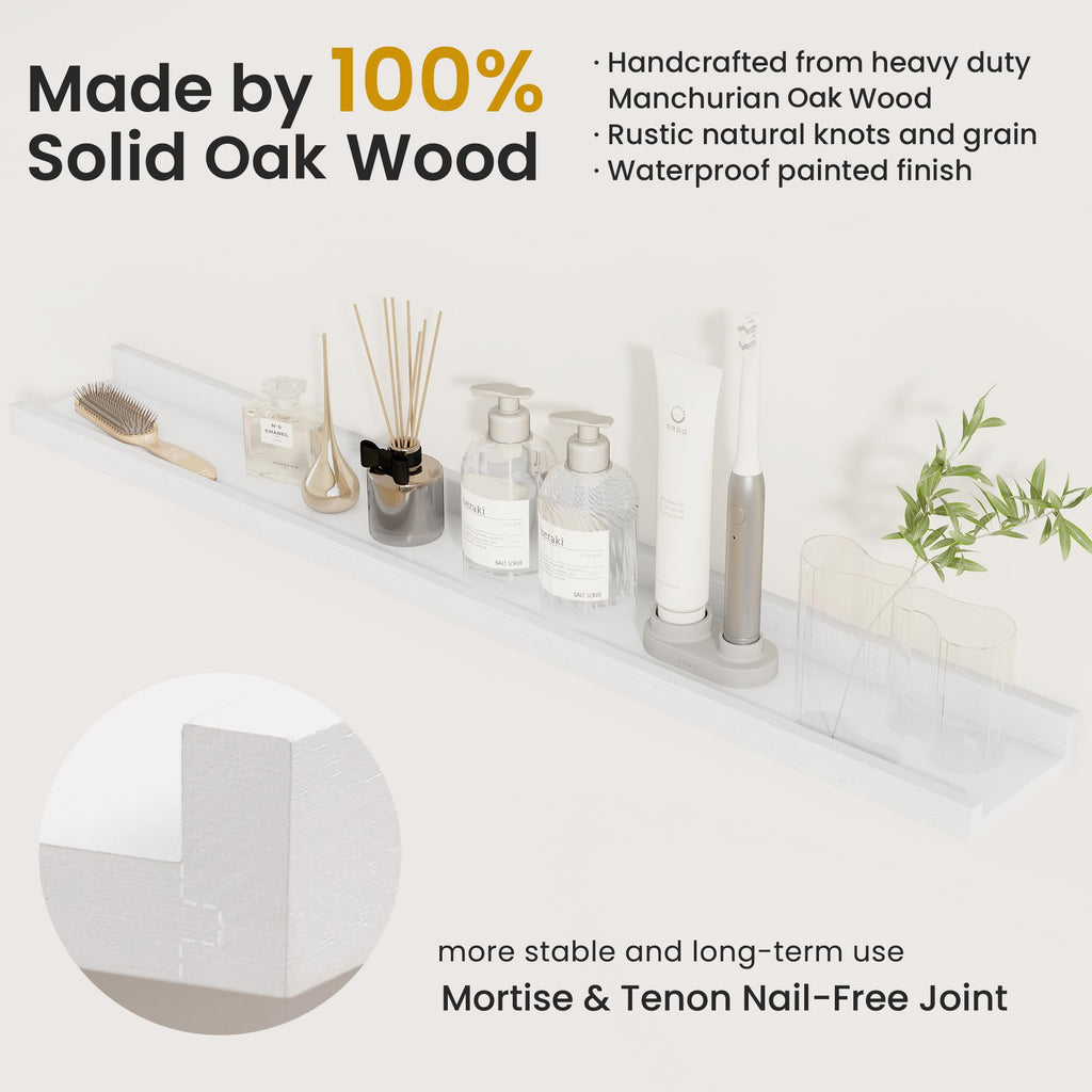 Solid Oak Wood Picture Ledge Shelf, 56 Inch, White, Set of 2