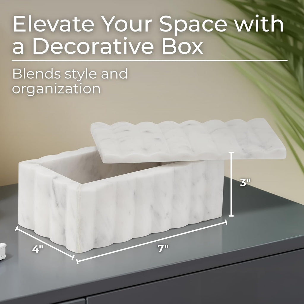 Marble Decorative Storage Box with Lid - Sculpted Fluted Home Organizer Keepsake Boxes for Jewelry - Chic Decorative