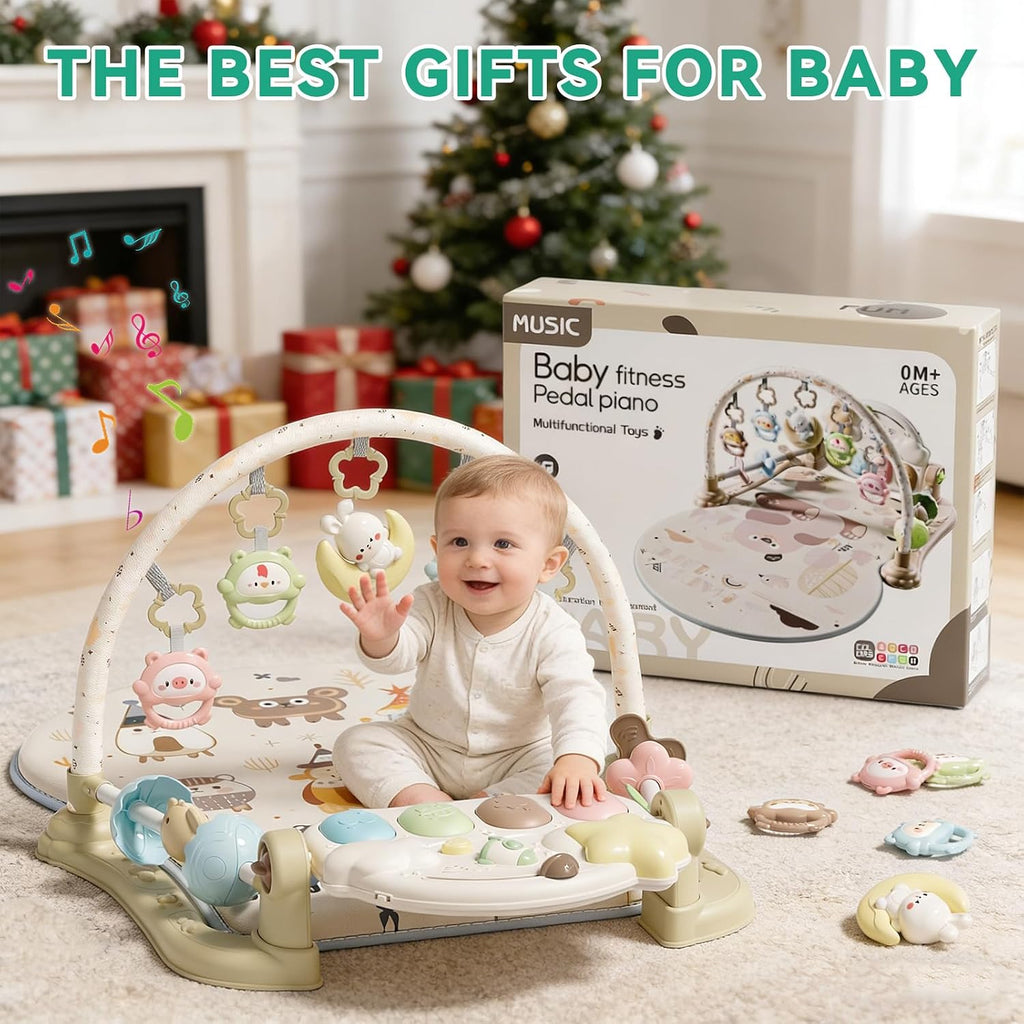 Play Gym Mat - Funny Play Piano Activity Playmat with 5 Infant Learning Detachable Toys for Sensory Development