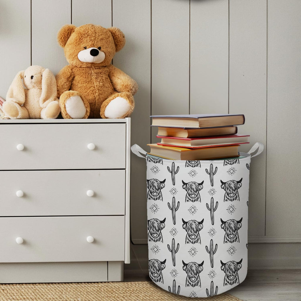 Western Laundry Basket, Retro Highland Cow Cactus Collapsible Laundry Hamper - Waterproof, Dirty Clothes Storage Bin
