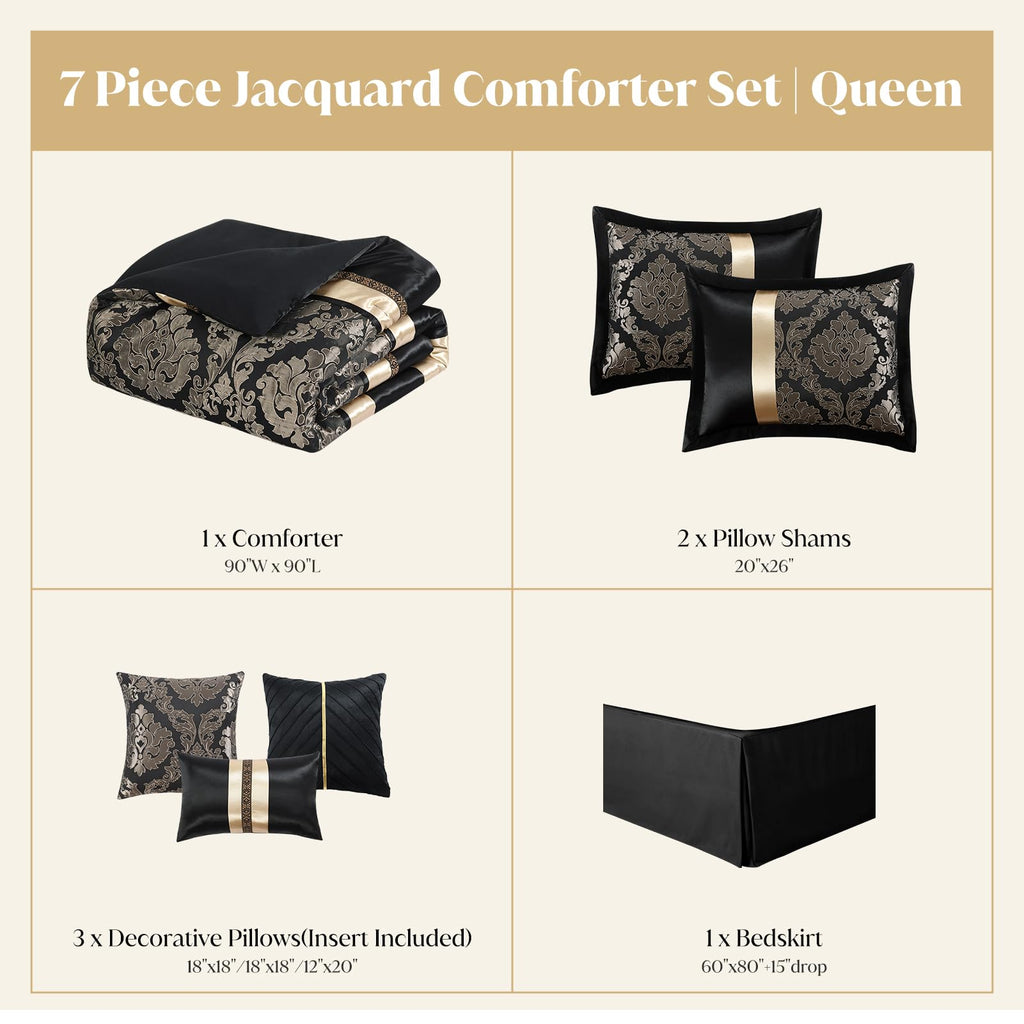 Black Gold Comforter Set, 7 Piece Luxury Damask Bed in a Bag