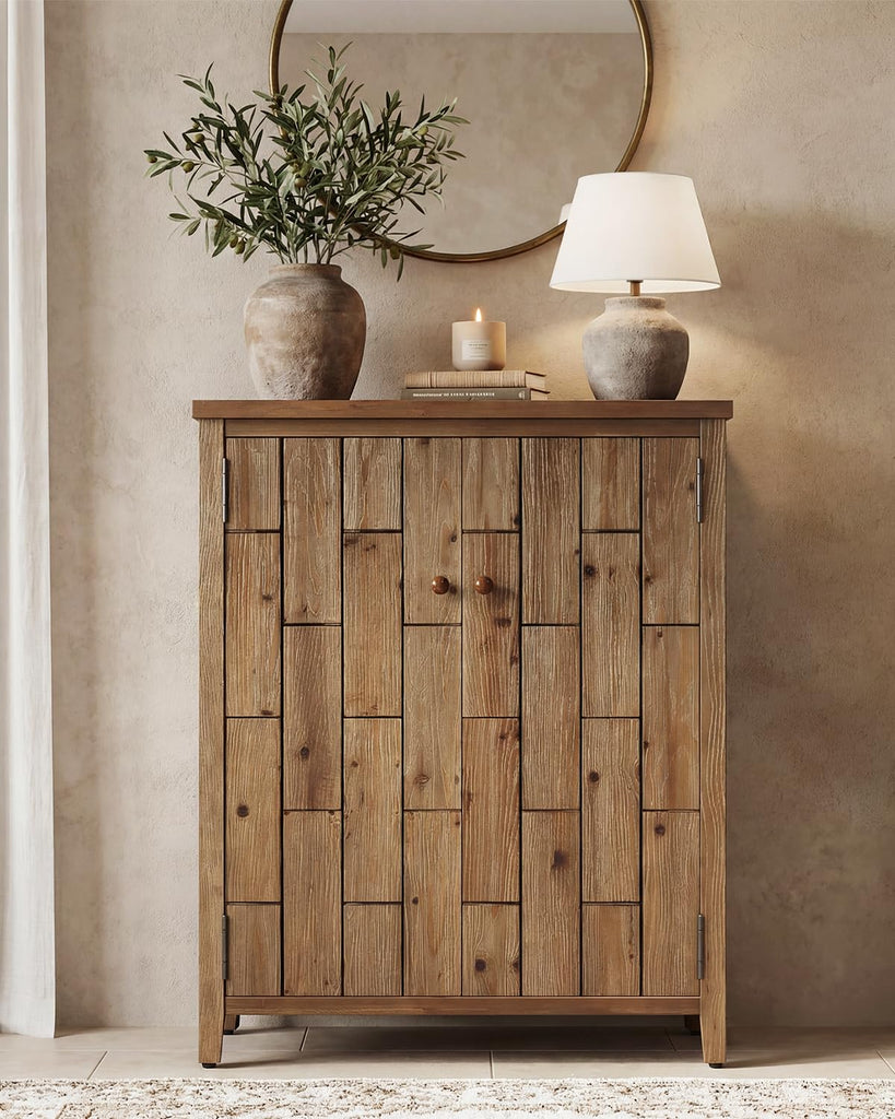 Solid Wood Shoe Cabinet with Doors, 6-Tier Tall Shoe Cabinet, Farmhouse Freestanding Shoe Storage with Adjustable