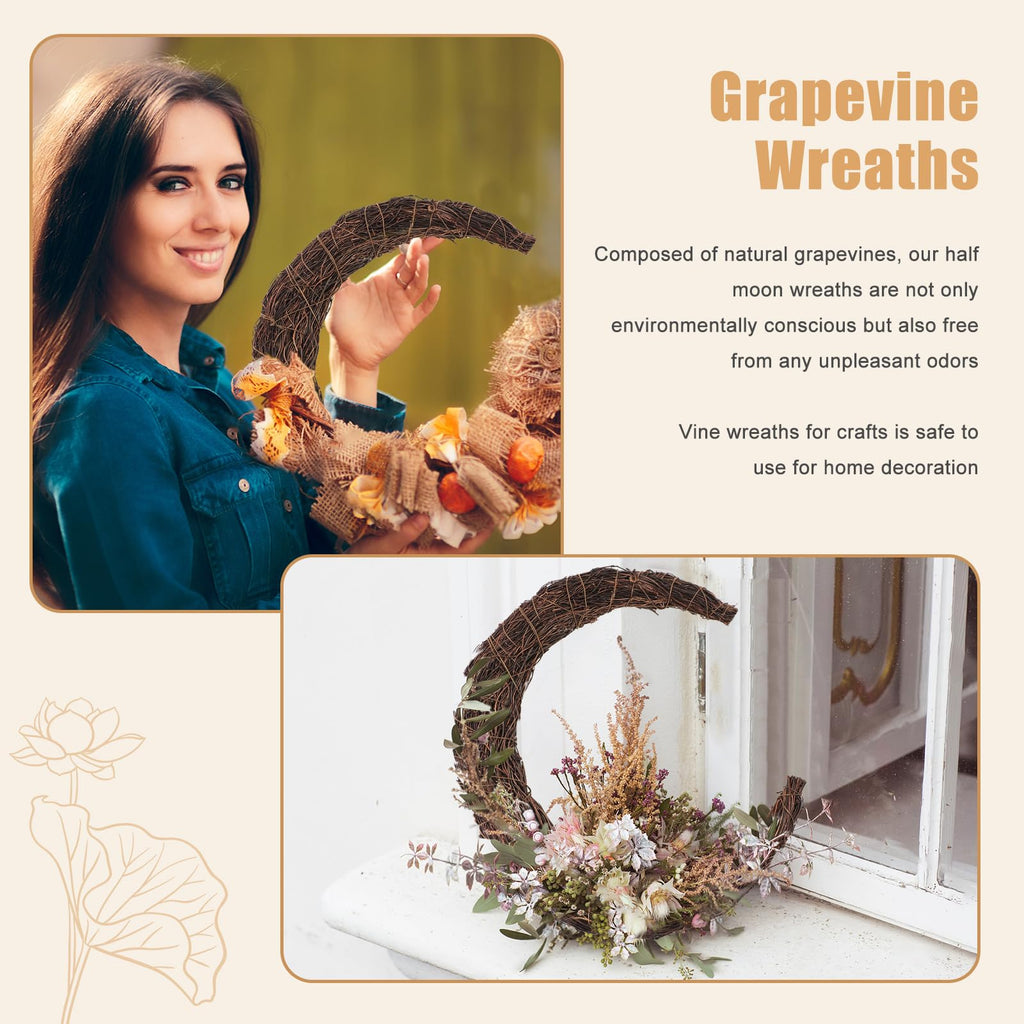 14 Inch Crescent Moon Wreath Base, Natural Grapevine Wreaths, 3 Pack