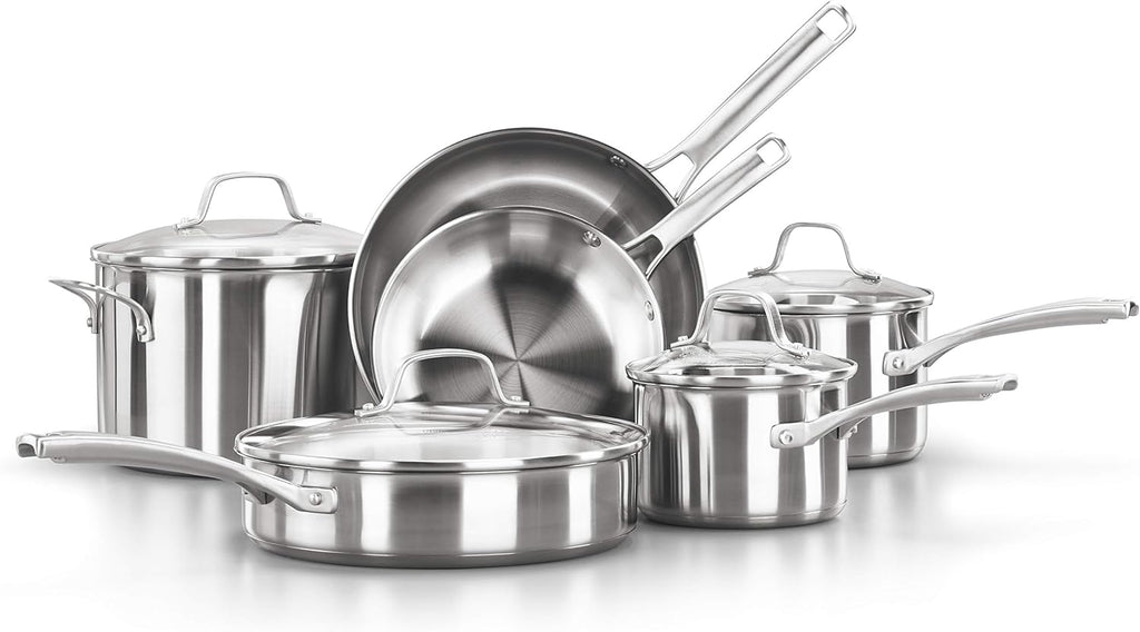 Classic Stainless Steel Cookware Set, 10-Piece, Impact-Bonded Aluminum Base, Stay-Cool Handles, Oven Safe 450F, Silver