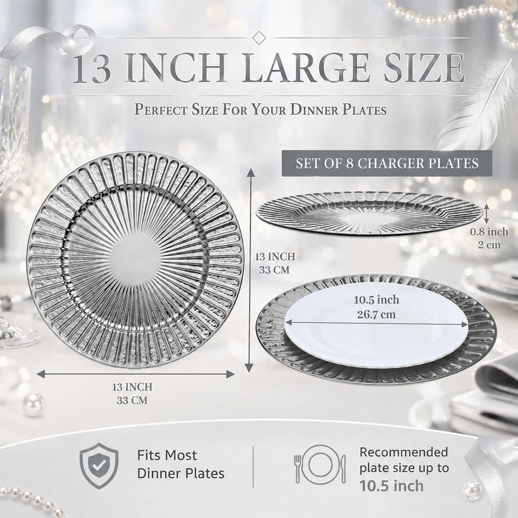 8 Pcs 13 Inch Silver Charger Plates with Shell Edge