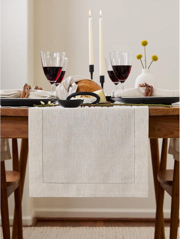 100% Linen Table Runner Natural, Classic Hemstitch 14 x 108 in | Table Runners for dining and console tables, soft
