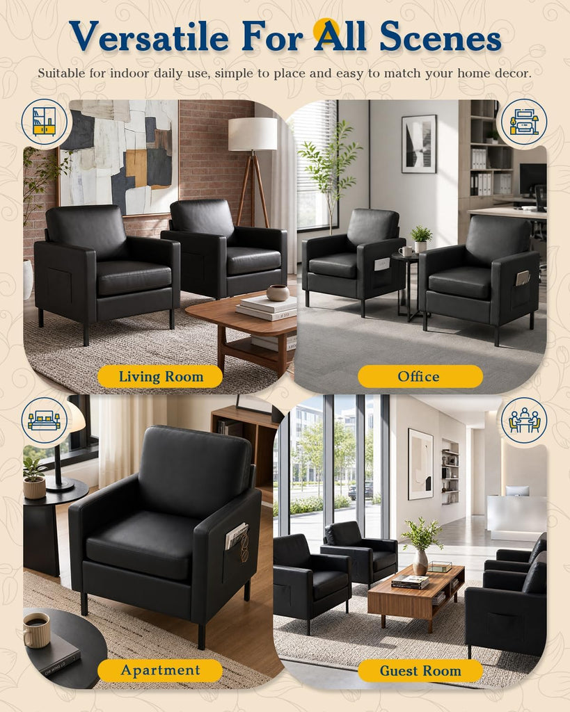 Mid Century Black Leather Mordern Accent Chairs - Set of 2