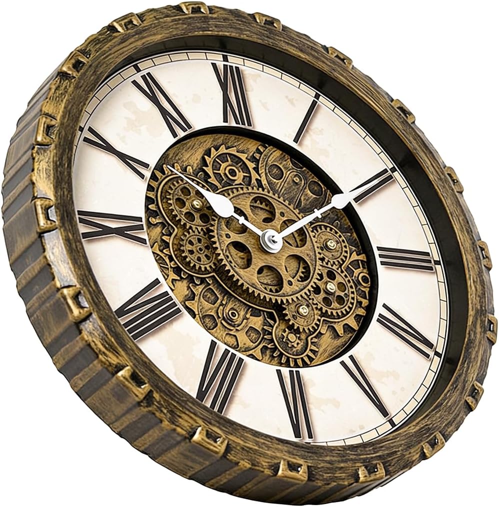15 Inch Wall Clock with Real Moving Gears, Industrial Steampunk Vintage Wall Decor, Antique Metal Big Numeral Wall Clocks for Office...
