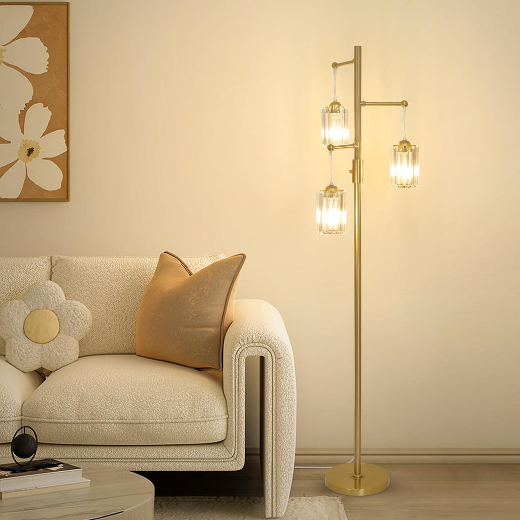 Gold Crystal Floor Lamps, Dimmable 3 Lights Modern Standing Lamp with Crystal Shade, Dimmer Switch, 65" Industrial