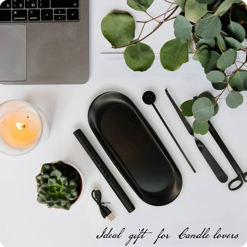 Exquisite Candle Accessories Tool Pack Bag, Rechargeable Electric Lighter, Wick Trimmer, Dipper, Snuffer and Tray